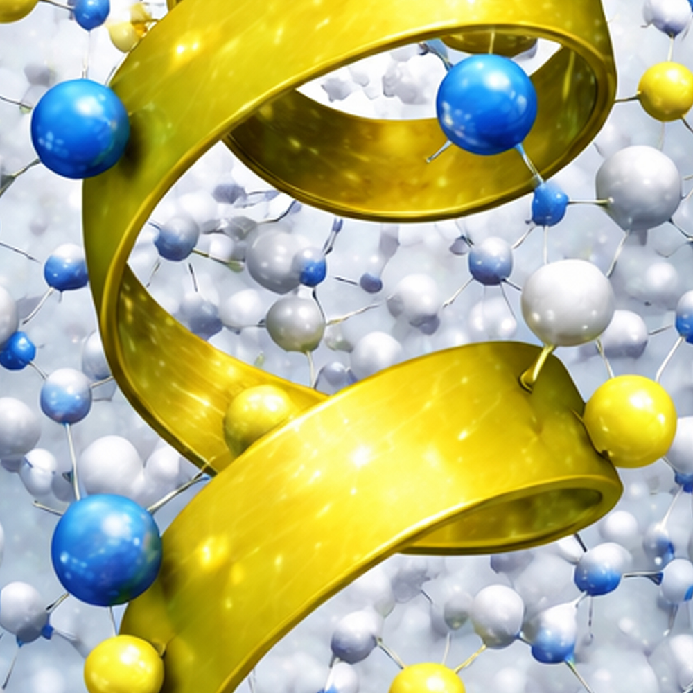 3D-molekulare-Visualisierung-einer-gelben-helikalen-Proteinstruktur-umgeben-von-molekularen-Netzwerken